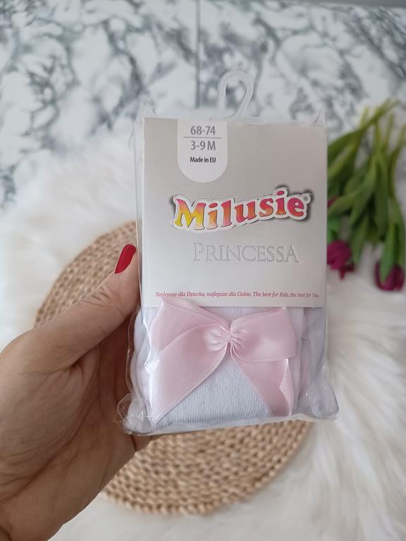 Białe rajstopki z różową kokardą bawełniane