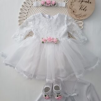 Sukienka na Chrzest Święty z koronkowymi rękawkami