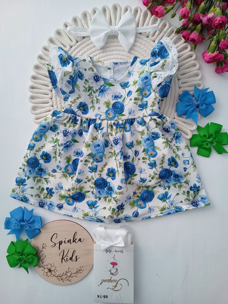 Sukienka bawełniana - chabrowe kwiaty z kokardą