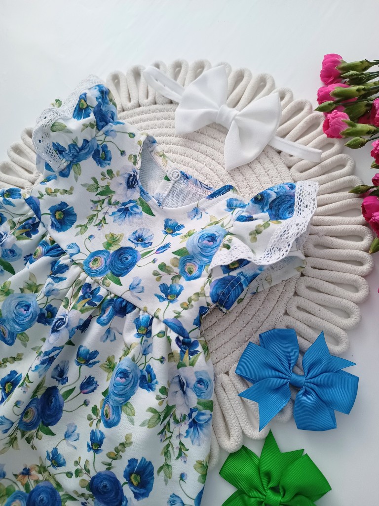 Sukienka bawełniana - chabrowe kwiaty z kokardą - obrazek 2