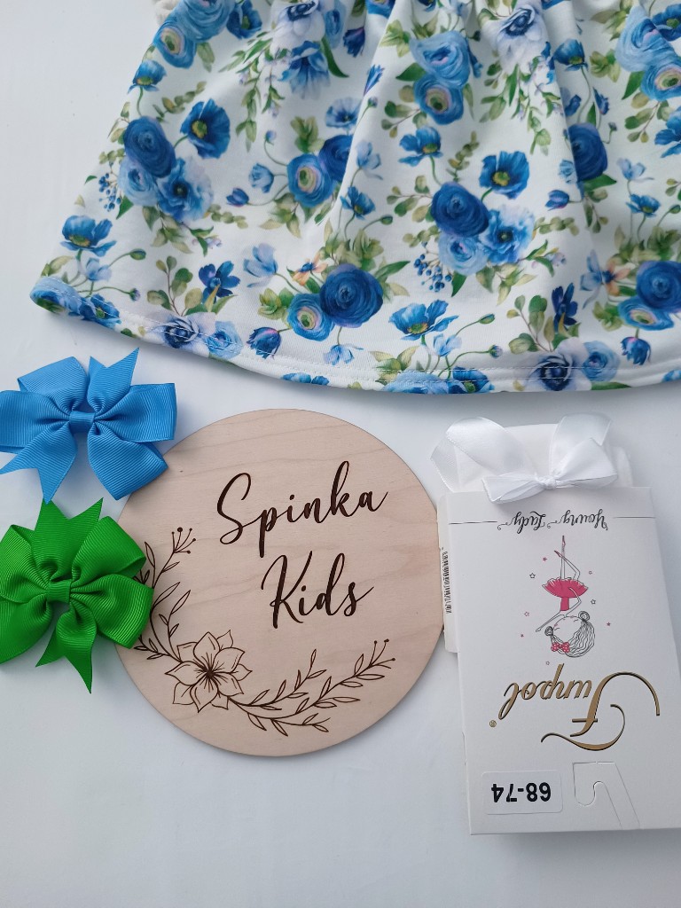 Sukienka bawełniana - chabrowe kwiaty z kokardą - obrazek 4