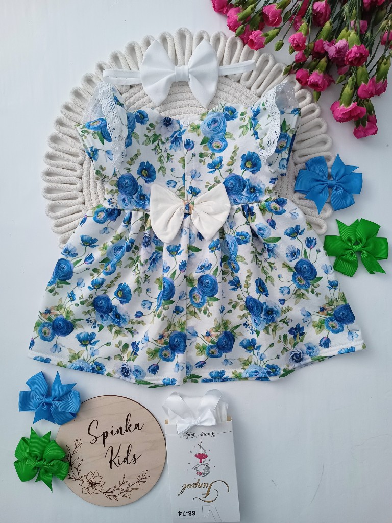 Sukienka bawełniana - chabrowe kwiaty z kokardą - obrazek 3