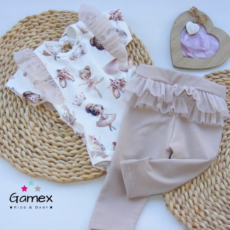 Komplet body i legginsy z tiulem- beżowe baletnice