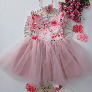 Tiulowa sukienka z kokardą z tyłu -pudrowy róż