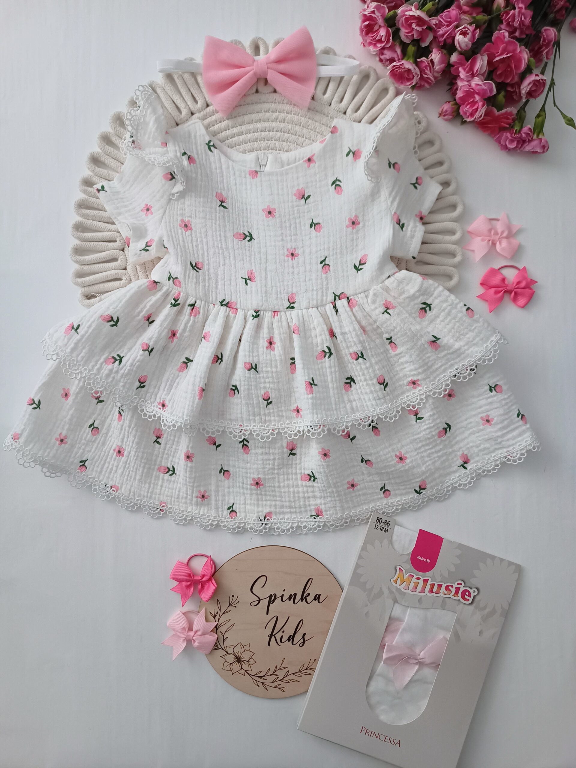 Sukienka muślinowa - różowe kwiatuszki