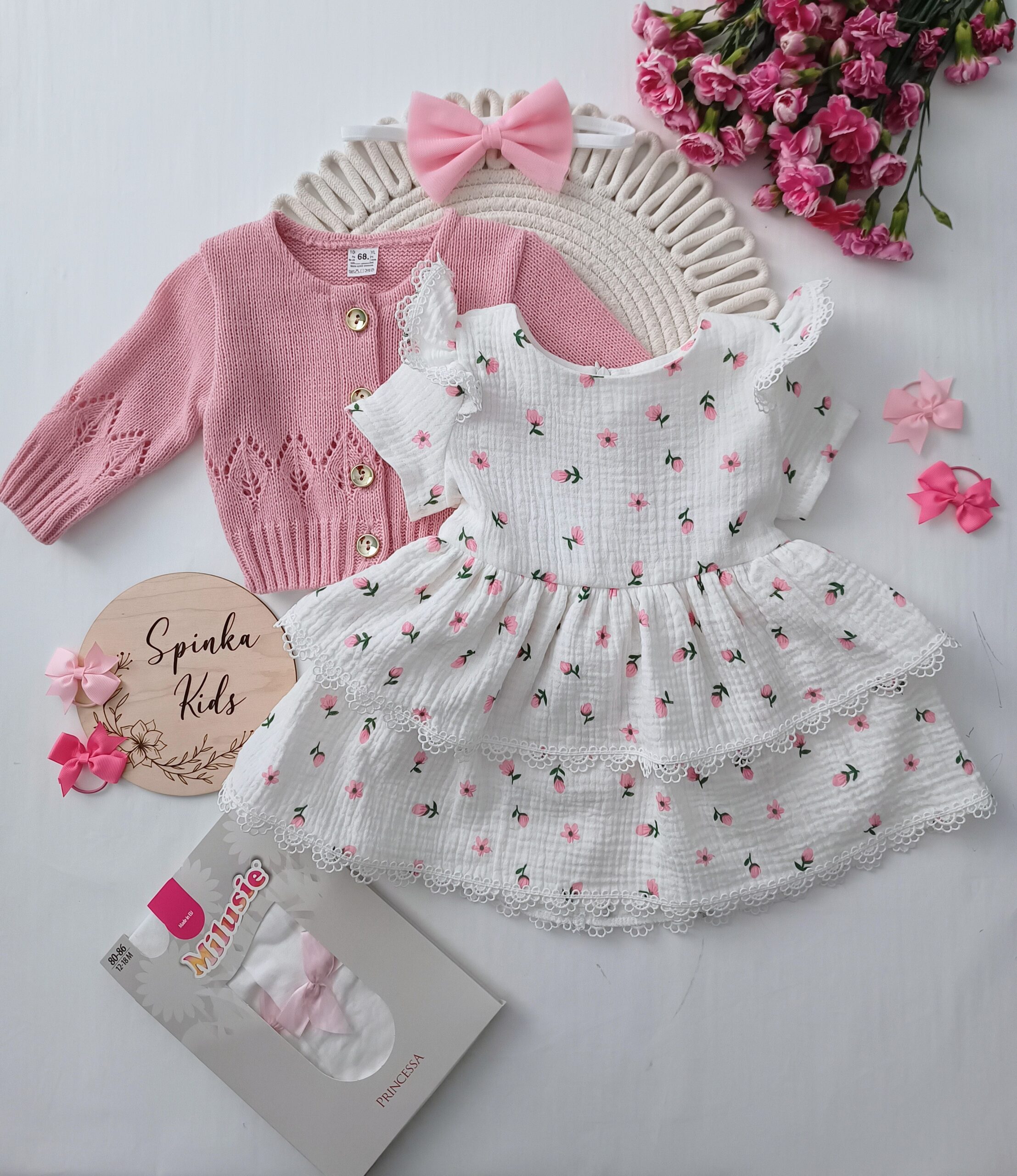 Sukienka muślinowa - różowe kwiatuszki - obrazek 3