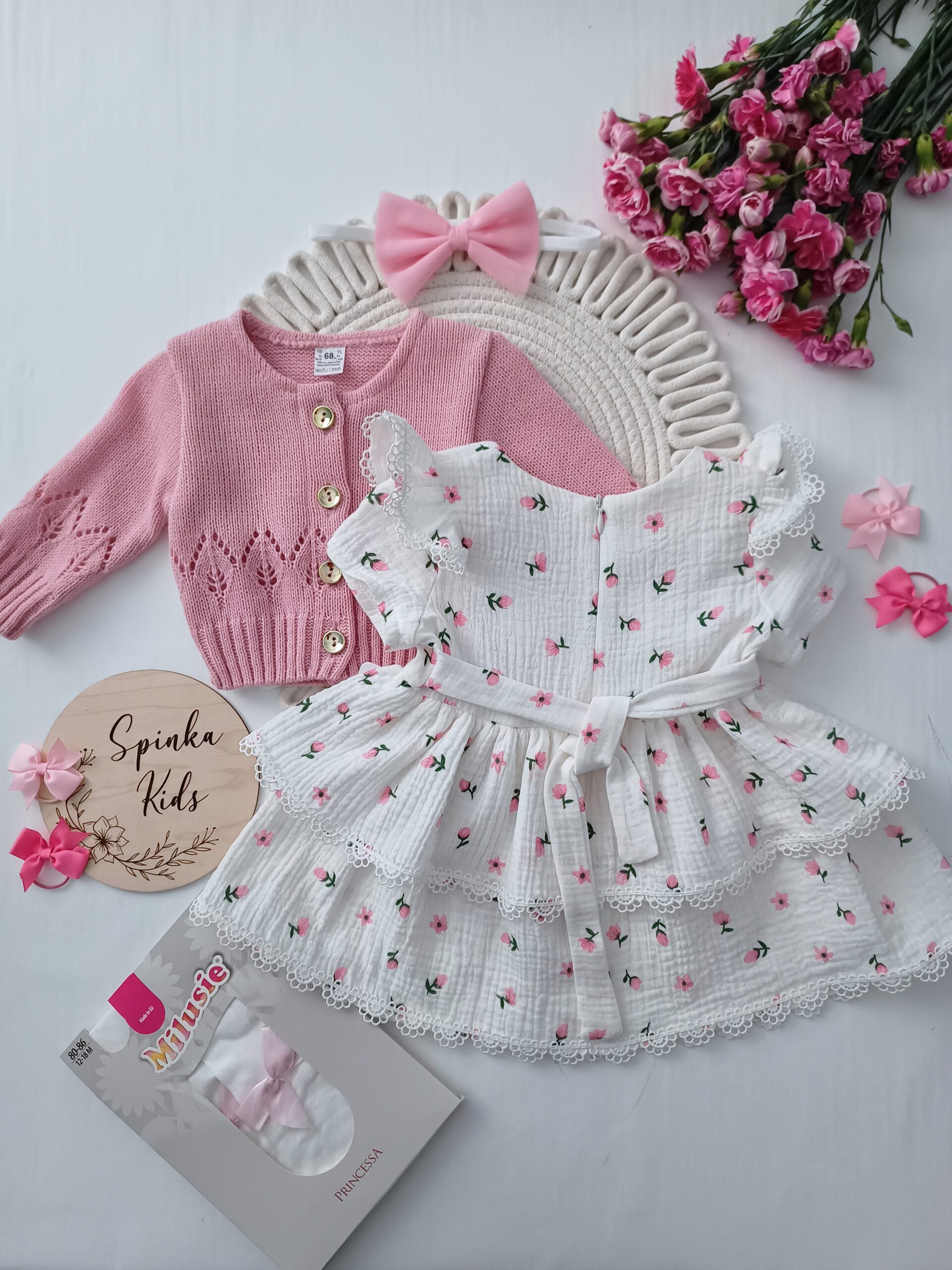 Sukienka muślinowa - różowe kwiatuszki - obrazek 4