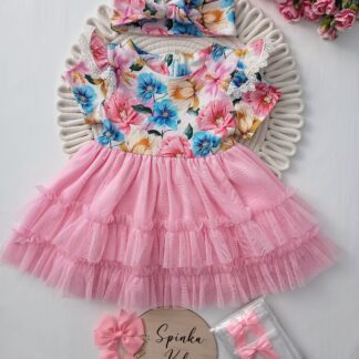 Sukienka z opaskąz różowym tiulem z falbanką