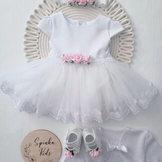 Sukienka Na Chrzest Święty - biała z bukiecikiem