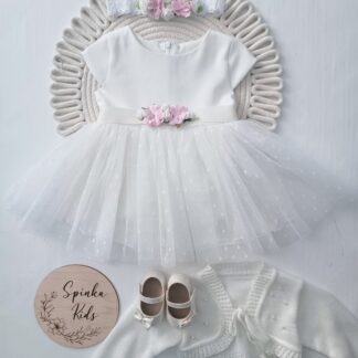 Sukienka na Chrzest Święty z tiulem w kropeczki