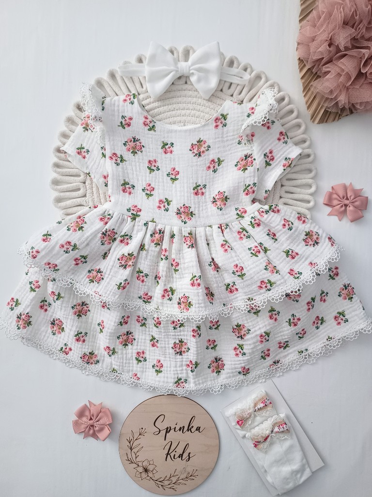 Sukienka muślin dwie falbanki-bukieciki pudrowe