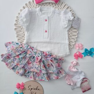 Komplet muślinowy z kolorową spódniczką