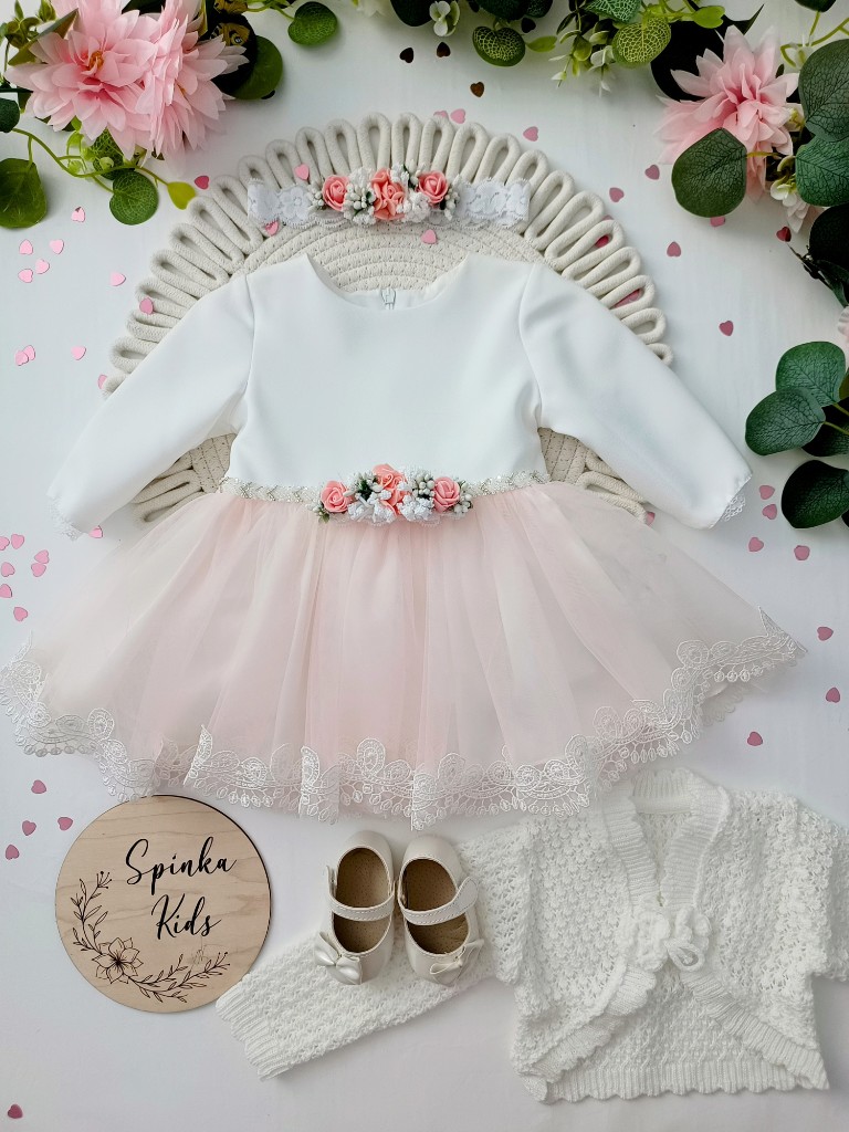 Sukienka na Chrzest Święty śmietankowa z różowym tiulem