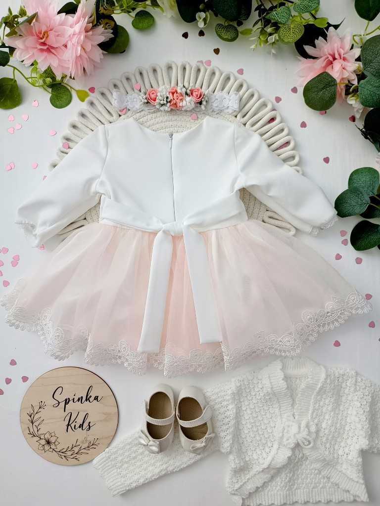 Sukienka na Chrzest Święty śmietankowa z różowym tiulem - obrazek 3