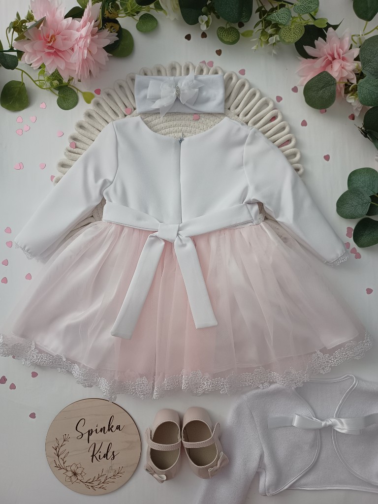 Sukienka z koralikami w talii i różowym tiulem - obrazek 2