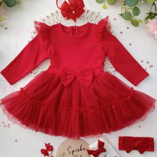 Sukienka tiulowa z kokardą z przodu - czerwona