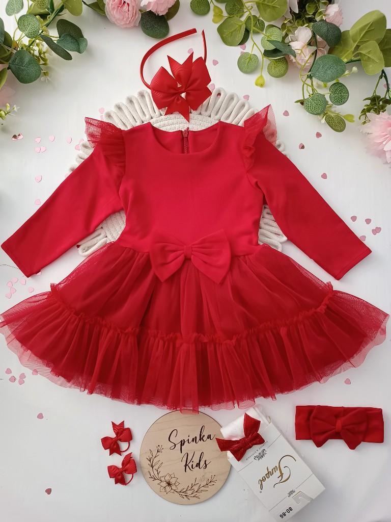 Sukienka tiulowa z kokardą z przodu - czerwona