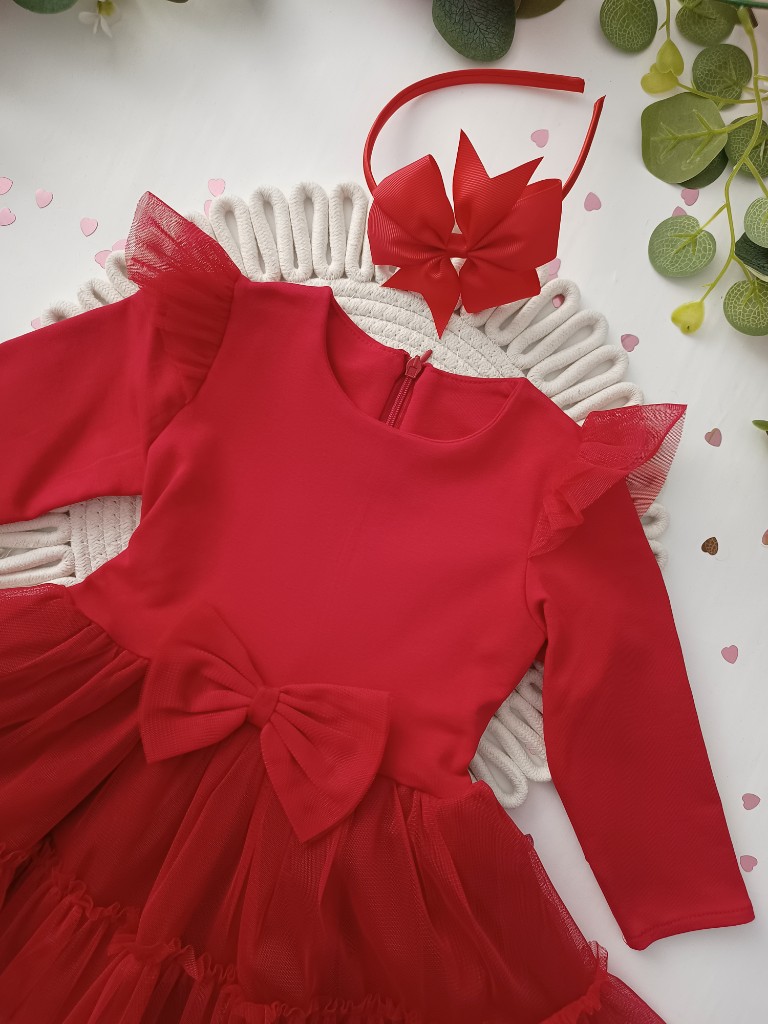 Sukienka tiulowa z kokardą z przodu - czerwona - obrazek 3