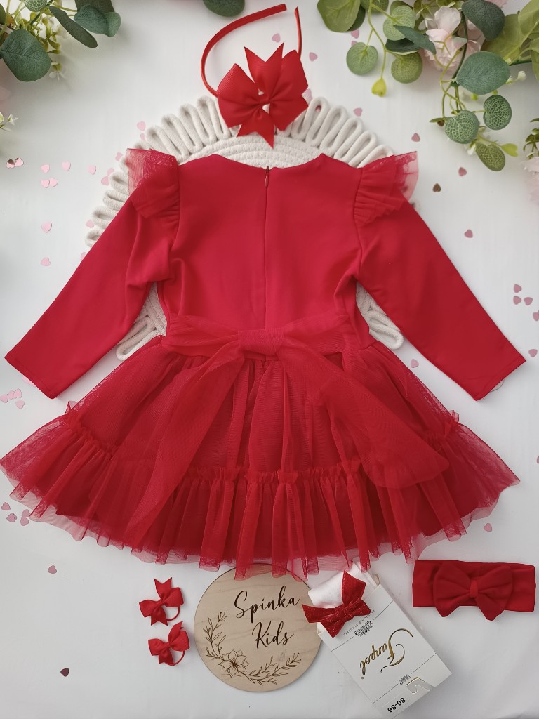 Sukienka tiulowa z kokardą z przodu - czerwona - obrazek 2