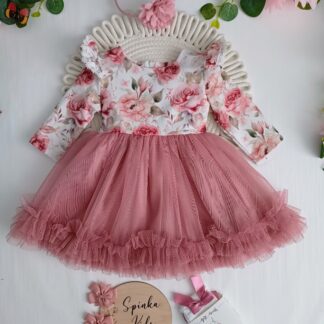 Sukienka tiulowa -pudrowa w róże