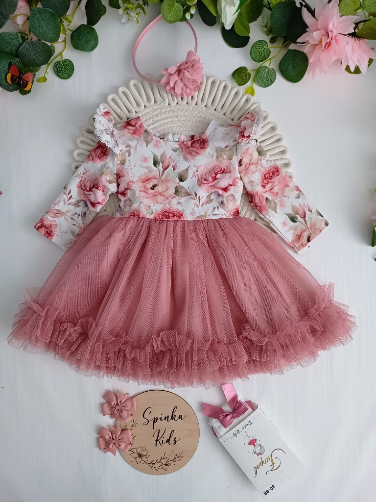 Sukienka tiulowa -pudrowa w róże