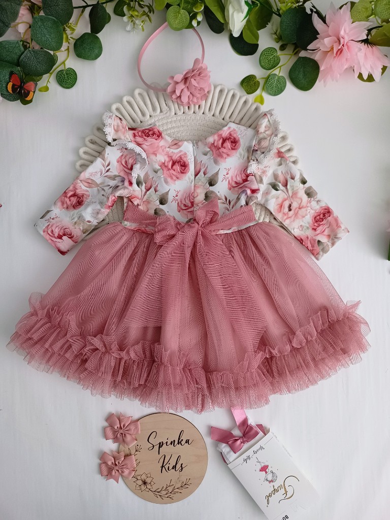 Sukienka tiulowa -pudrowa w róże - obrazek 3