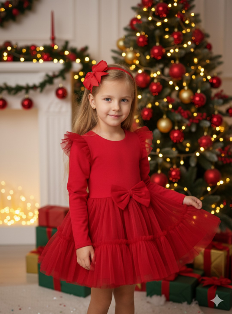 Sukienka tiulowa z kokardą z przodu - czerwona - obrazek 4