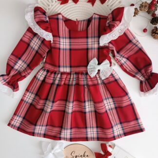 Sukienka w kratkę z kokardką i haftem angielskim