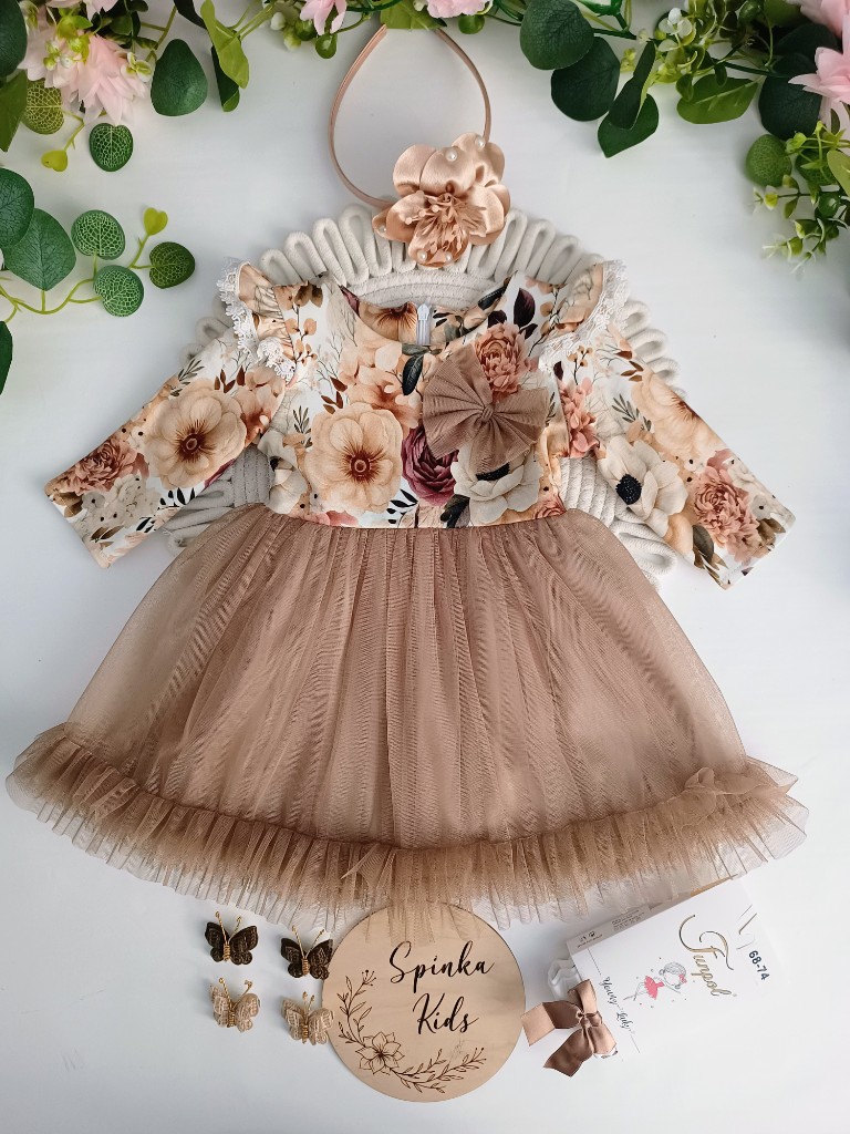 Sukienka tiulowa w odcieniach beżu i brązu