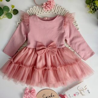 Sukienka Pudrowa z tiulem i kokardą