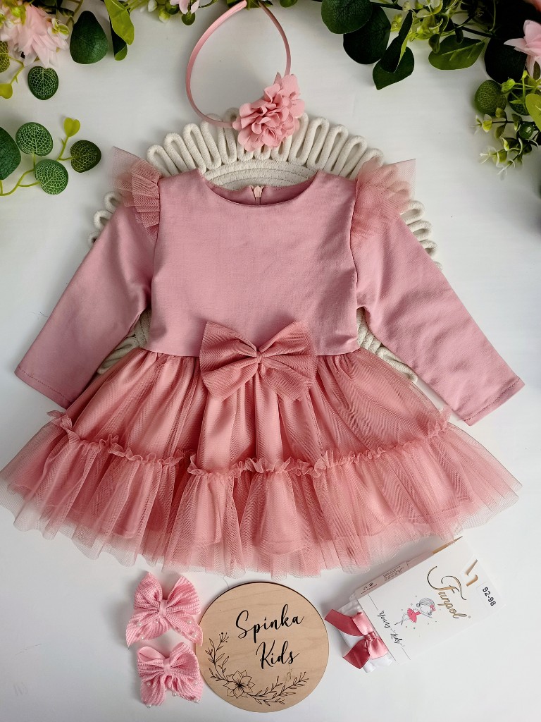 Sukienka Pudrowa z tiulem i kokardą