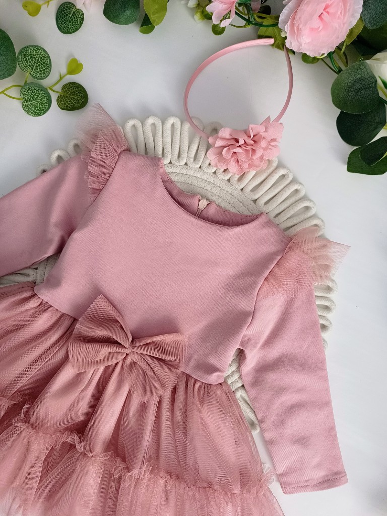 Sukienka Pudrowa z tiulem i kokardą - obrazek 3