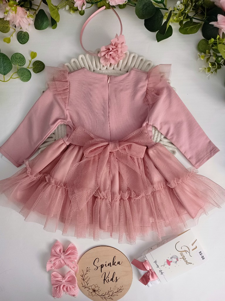 Sukienka Pudrowa z tiulem i kokardą - obrazek 2