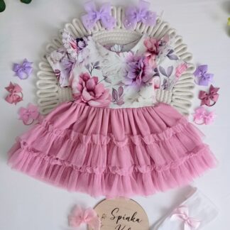 Sukienka z tiulem i falbankami odcienie wrzosu i różu