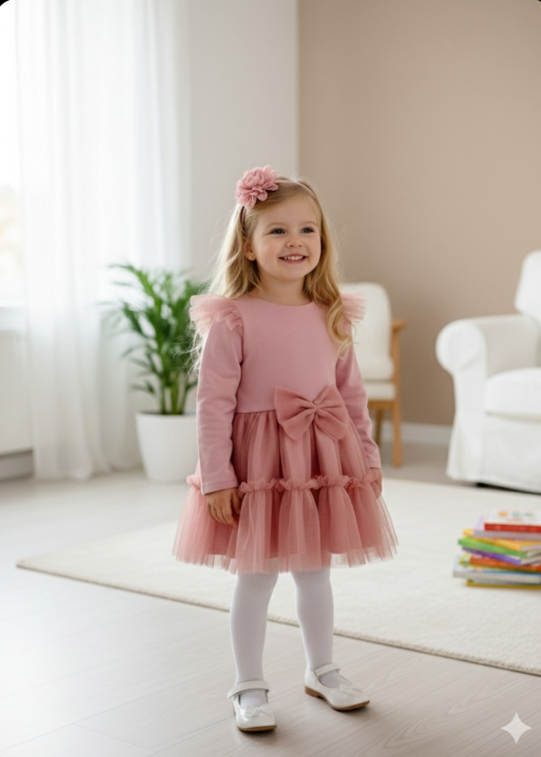 Sukienka Pudrowa z tiulem i kokardą - obrazek 4