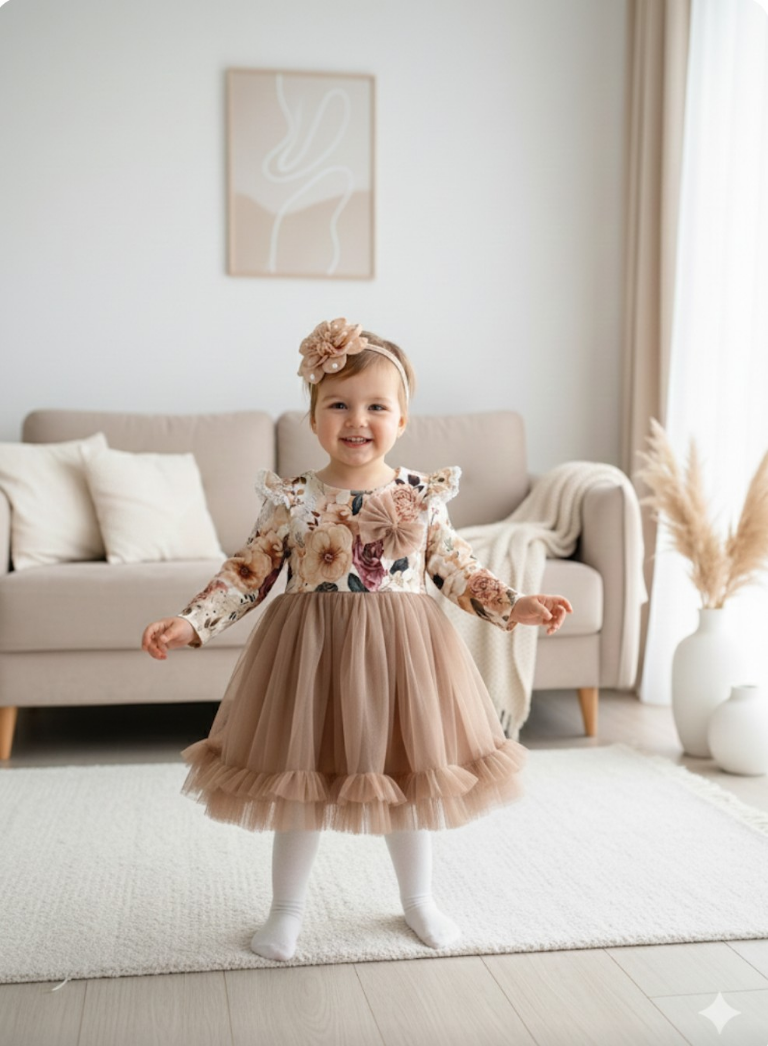 Sukienka tiulowa w odcieniach beżu i brązu - obrazek 4