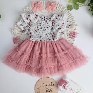 Sukienka z tiulem i falbankami odcienie pudrowego różu