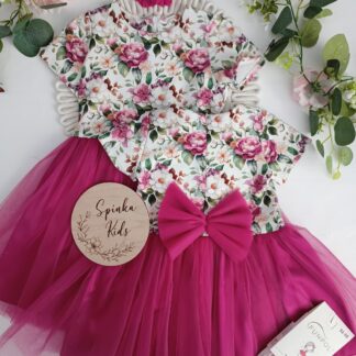 Sukienka z dużą tiulową kokardą - amarantowy tiul