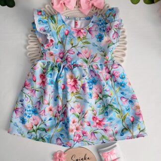 Sukienka błękit w różowe kwiaty