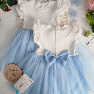 Sukienka tiulowa biało - błękitna z perełkami i kokardą