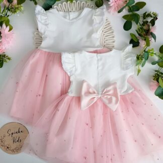 Sukienka z tiulem z perełkami biało różowa