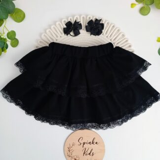 Spódniczka czarna dwie falbanki z koronką na gumce