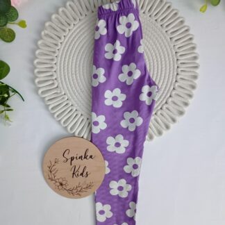 Legginsy fiolet w duże białe kwiaty