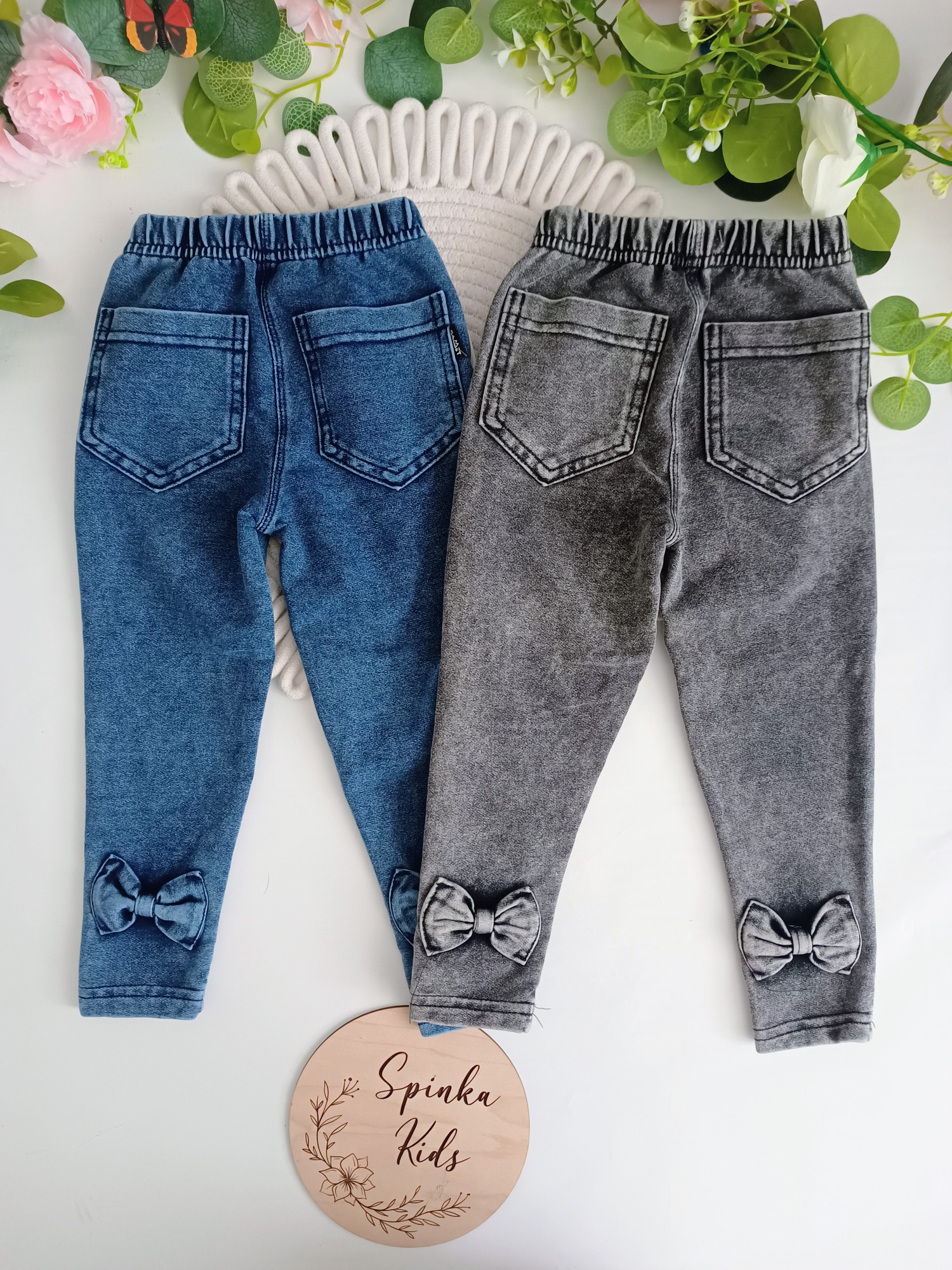 Spodnie dekatyzowane ala jeans z kokardkami 2 kolory - obrazek 2